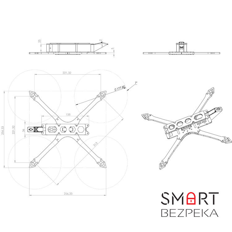 Карбонова рама для FPV-дрона Амага 7 під 7-ми дюймові пропелери
