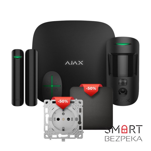 Комплект бездротової сигналізації Ajax StarterKit Cam (8EU) UA black Вимикач Ajax LightSwitch 1-gang Black одноклавішний + Реле Ajax OutletCore
