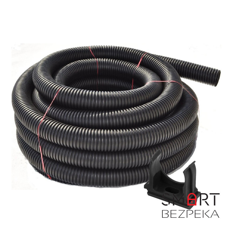 Комплект: гофротруба стандартна ДКС ПВД D 32 (25 м) чорна + кліпси для гофри 32 мм (50 шт/уп) чорні