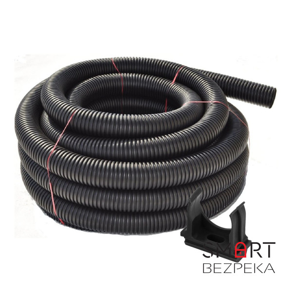 Комплект: гофротруба стандартна ДКС ПВД D 32 (25 м) чорна + кліпси для гофри 32 мм (50 шт/уп) чорні