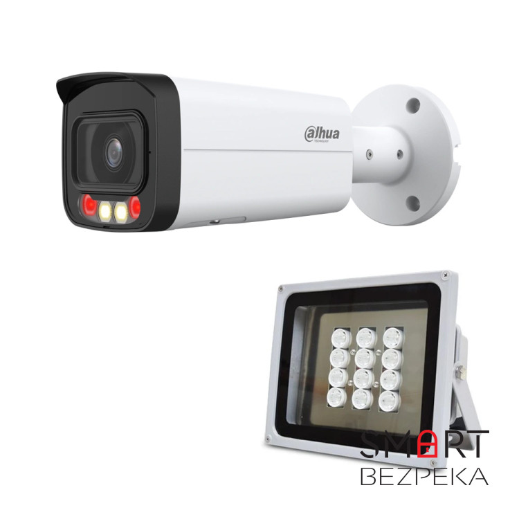 Комплект: IP-відеокамера 4 Мп Dahua DH-IPC-HFW2449T-AS-IL (3.6 мм) з подвійним підсвічуванням + ІЧ-прожектор Lightwell LW12-100IR60-220