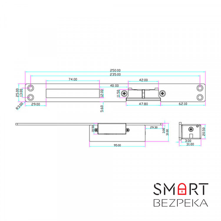 Електромеханічна засувка YS-132NO (power open) довга для системи контролю доступу