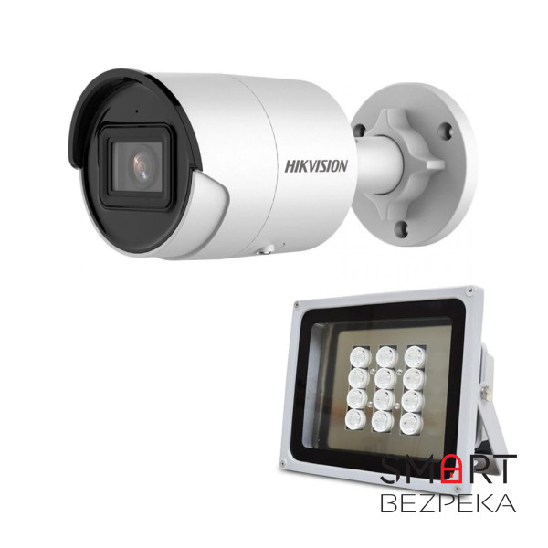 Комплект: IP-відеокамера 4 Мп Hikvision DS-2CD2043G2-I (2.8 мм) AcuSense з відеоаналітикою + ІЧ-прожектор Lightwell LW12-100IR60-220