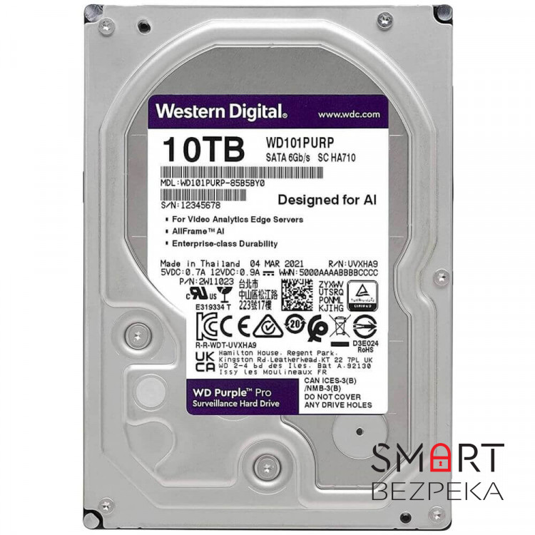 Жесткий диск 10TB Western Digital WD Purple Pro WD101PURP для видеонаблюдения с AI