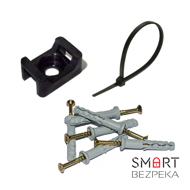 Монтажний комплект: Стяжка Relfix 5 x 450 мм (100 шт/уп) чорна + Майданчик для стяжки під дюбель 16 x 22 мм чорний (100шт) + Дюбелі швидкого монтажу 6 x 40 мм потай (100 шт/уп)