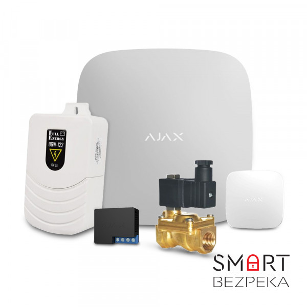 Комплект антизатоплення: електромагнітний клапан E107DB12 1/2" 12 В, централь Ajax Hub, датчик затоплення Ajax LeaksProtect (white), бездротове реле Ajax Relay, блок живлення BGW-122