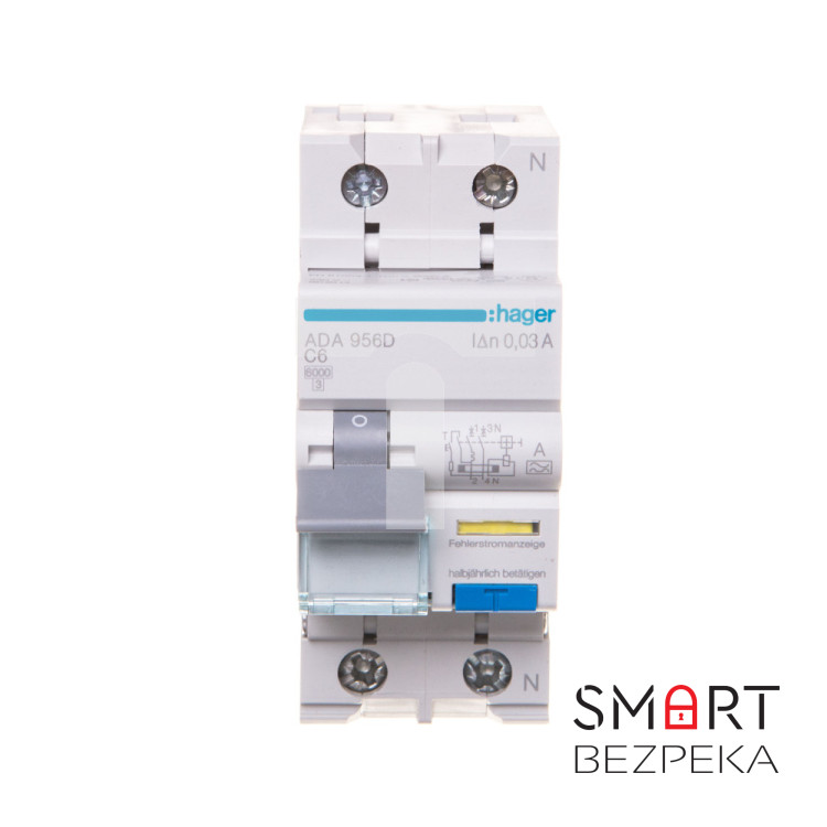Дифференциальный автоматический выключатель Hager ADA956D ДАВ, 1P+N, 6kA, C-6A, 30mA, A