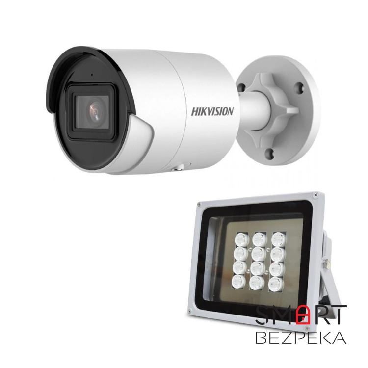 Комплект: IP-видеокамера 4 Мп Hikvision DS-2CD2043G2-I (2.8 мм) AcuSense с видеоаналитикой + ИК-прожектор Lightwell LW12-140IR45-220