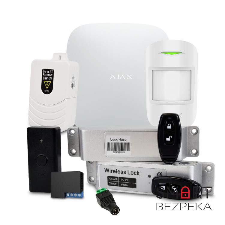 Комплект сигналізації із замком: централь Ajax Hub, бездротовий датчик руху Ajax MotionProtect, бездротовий smart замок ATIS SL-01 з кнопкою виходу та пультом, бездротове реле Ajax Relay, блок живлення BGW-122, роз'єм-power ATIS під затискач (мама)