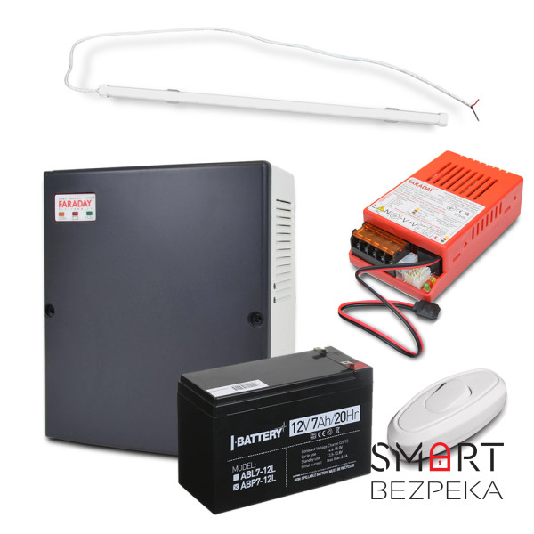 Комплект: Бокс пластиковий PLB 7-9 А·год + Cвітильник LED лінійний 600мм 12Вт 6500K + БЖ UPS 35W Smart ASCH PL + Акумулятор ABP7-12L 7 А·год + Перемикач світла e.switch wires 6A white