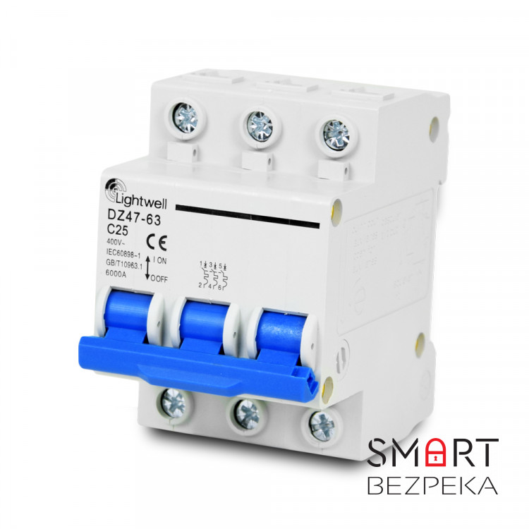 Автоматичний вимикач Lightwell MCB 3P 25A (DZ47-63 C25)