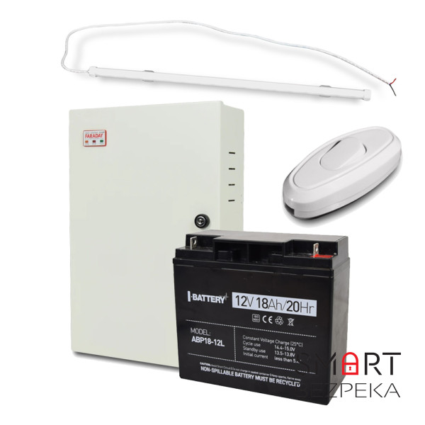 Комплект: Светильник LED линейный 1500мм 22Вт 6500K + Бесперебойный блок питания UPS 85W Smart ASCH MBB 12 В + Аккумулятор ABP18-12L 18 А·ч + Переключатель света e.switch wires 6A white