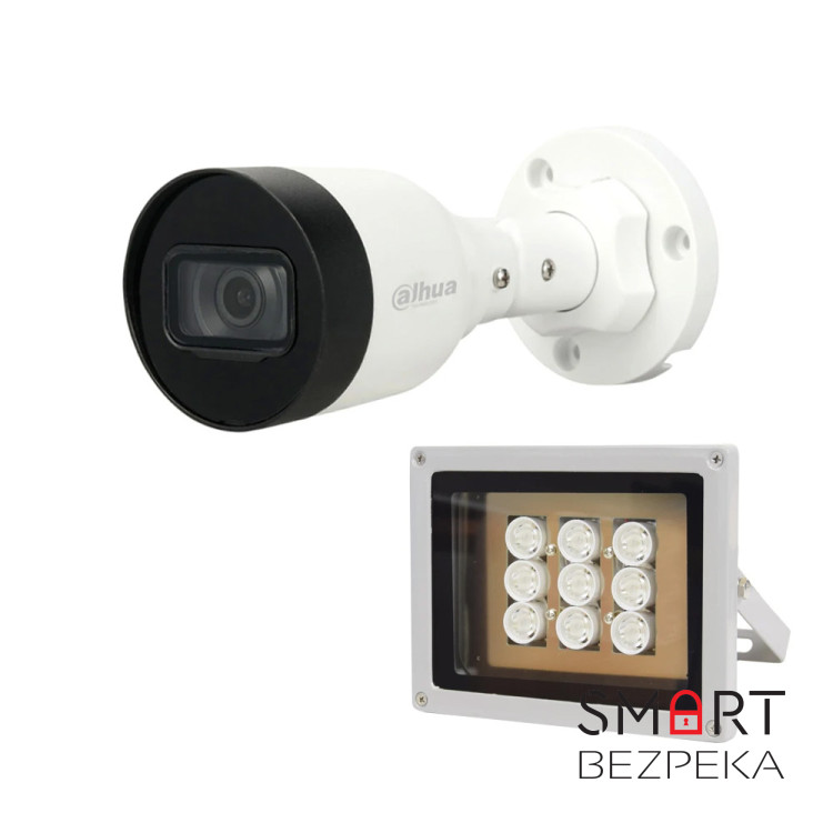 Комплект: IP-відеокамера 2 Мп Dahua DH-IPC-HFW1230S1-S5 2.8mm + ІЧ-прожектор Lightwell LW9-100IR45-220