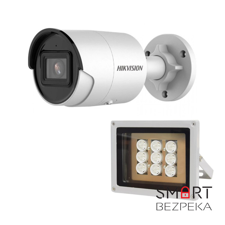 Комплект: IP-відеокамера 4 Мп Hikvision DS-2CD2043G2-I (2.8 мм) AcuSense з відеоаналітикою + ІЧ-прожектор Lightwell LW9-100IR45-220