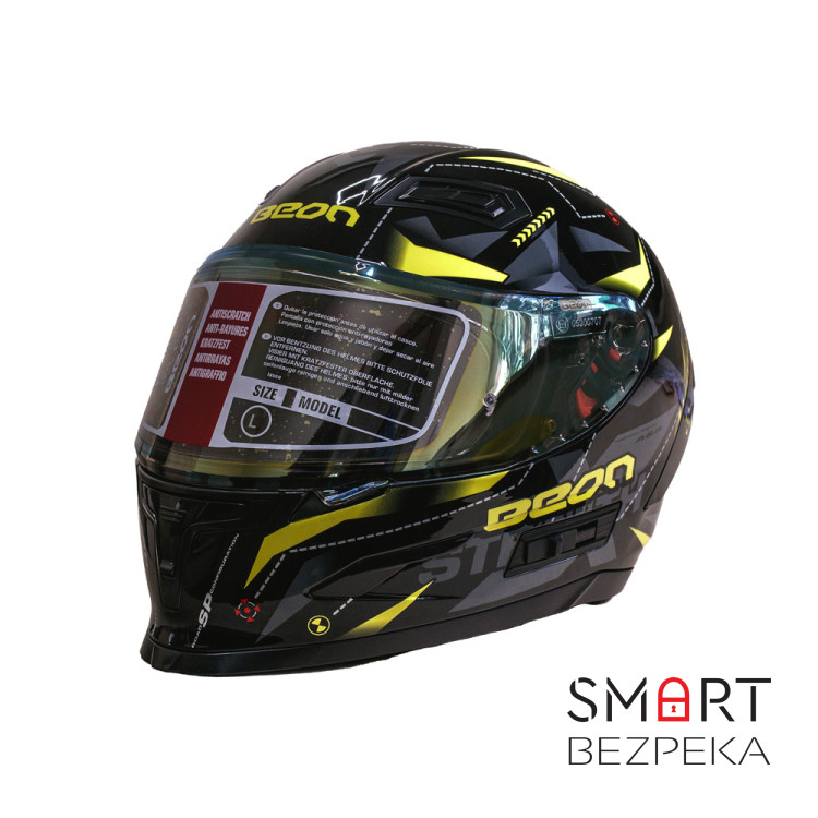 Мотошлем интеграл Beon TECH SHINY BLACK/YELLOW (глянец черный/желтый) размер L