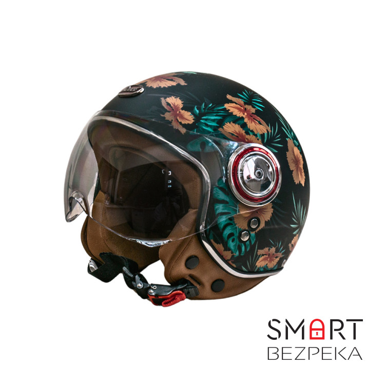 Мотошолом відкритий Beon B-110B FLOWER MATT BLACK/FLOWER (матовий чорний/квіти), розмір XL