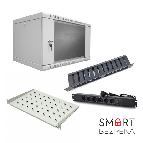 Комплект: Шкаф серверный SteelNet 7U 600 x 400 серый + Блок розеток 1U 19" на 6 розеток с выключателем + Организатор кабеля перфорированный с крышкой 19" + Полка консольная CMS UA-SHC300G