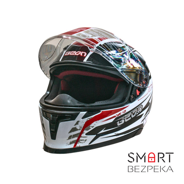 Мотошолом інтеграл Beon B-503 SINGLE VISOR ANGLE TEAR SHINY WHITE/RED (глянець білий/червоний), розмір XL