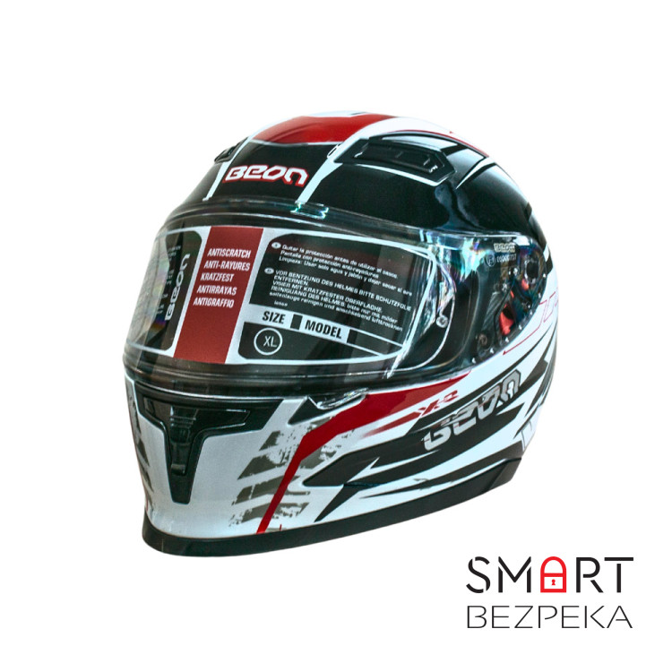 Мотошолом інтеграл Beon B-503 SINGLE VISOR ANGLE TEAR SHINY WHITE/RED (глянець білий/червоний), розмір XL