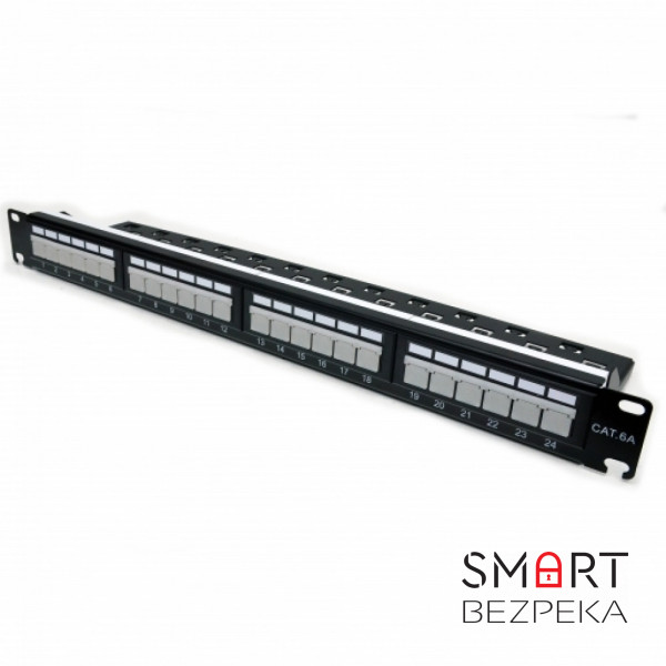Патч-панель CMS 19" 24xRJ-45 UTP, кат. 6a з організатором кабелю і пластиковими шторками