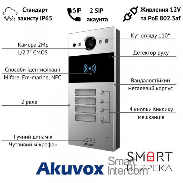 IP-вызывная панель 2 Мп Akuvox R20B X4 OW на 4 абонента
