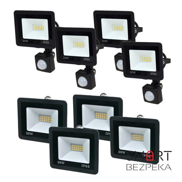 Комплект 4+4 світлодіодних прожектори Lightwell 20W: 4 x LW-FL-B-20 и 4 x LW-FL-B-20-S з датчиком руху