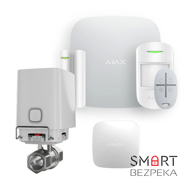 Комплект сигналізації та захисту від потопу Ajax StarterKit 2 white + Ajax WaterStop 1/2" white + у подарунок датчик затоплення Ajax LeaksProtect white