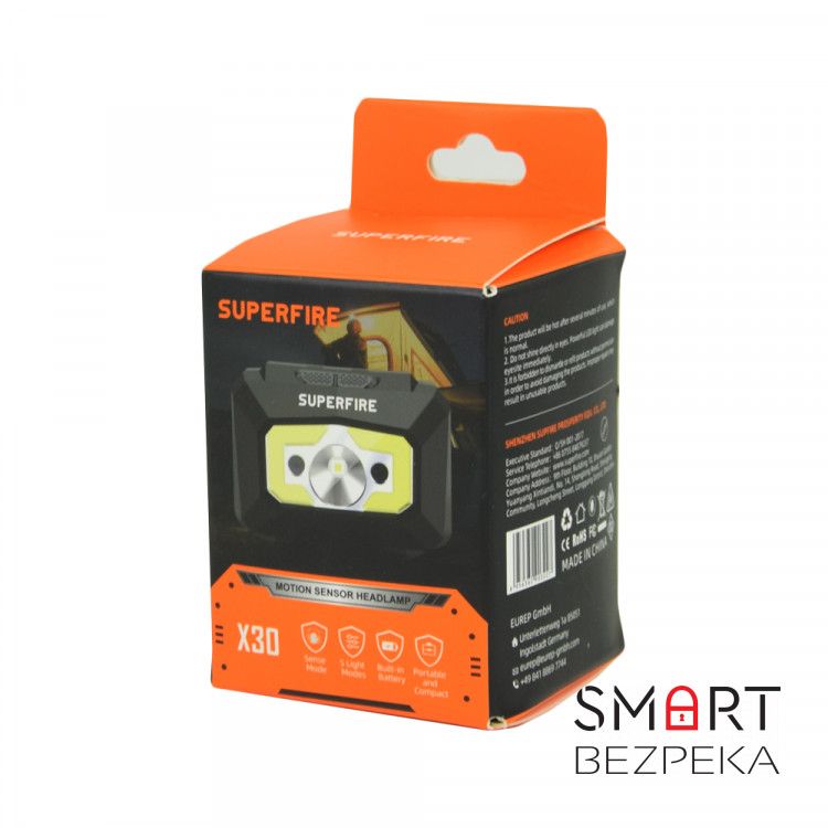 Налобний LED+COB ліхтар Superfire X30 з датчиком руху і потужністю 5 Вт, що перезаряджається